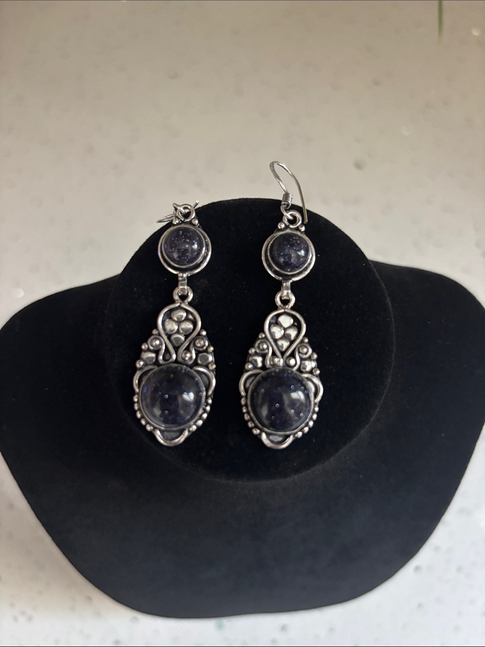 Sterling Silver Blue Sunstone Gemstone Dangle Drop Earrings